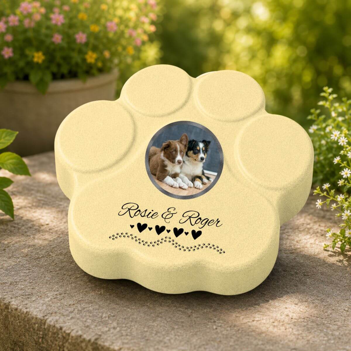 Huella conmemorativa amarilla para perros con foto personalizada y nombres decorados con corazones para jardín