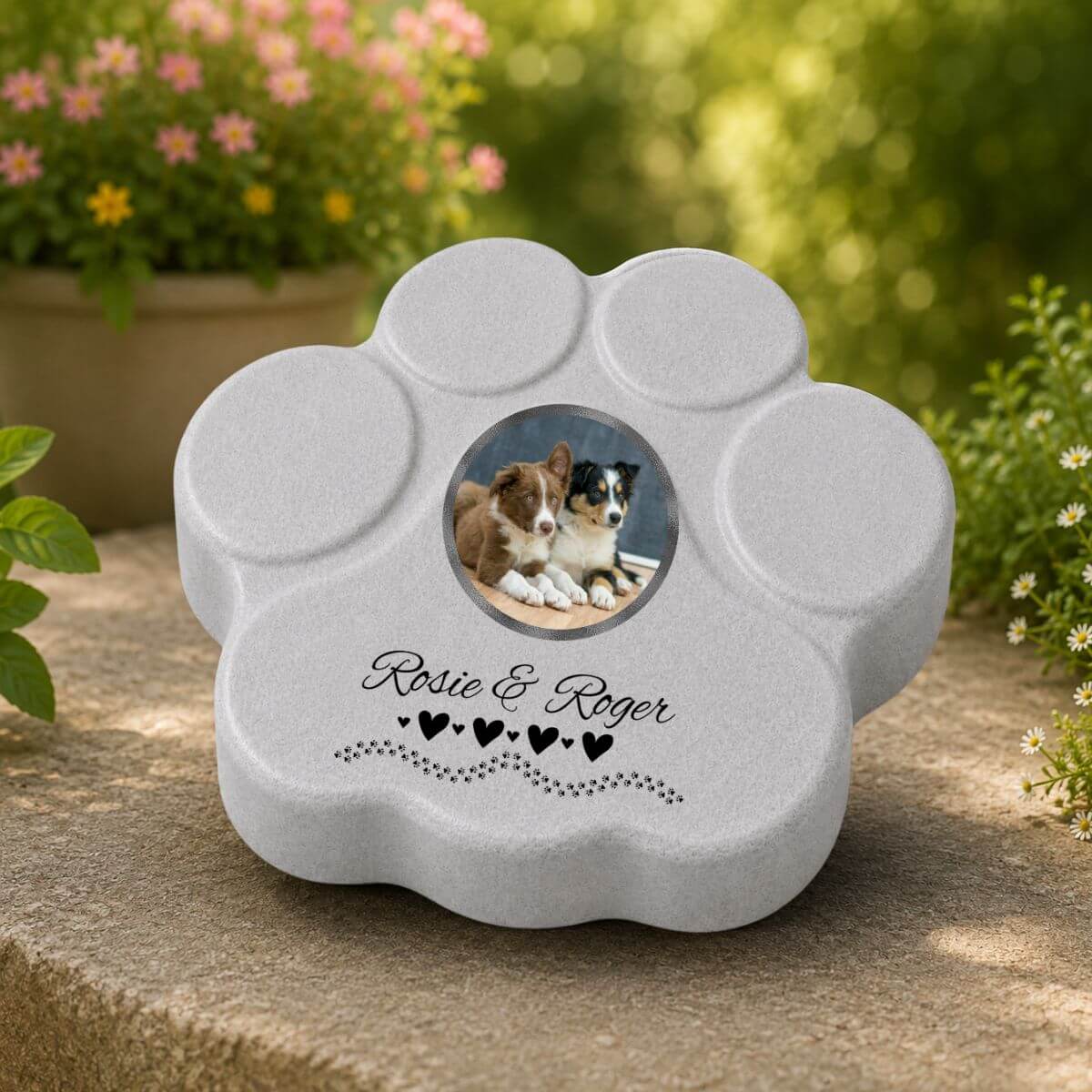 Huella conmemorativa gris para perros con foto personalizada y nombres decorados con corazones para jardín