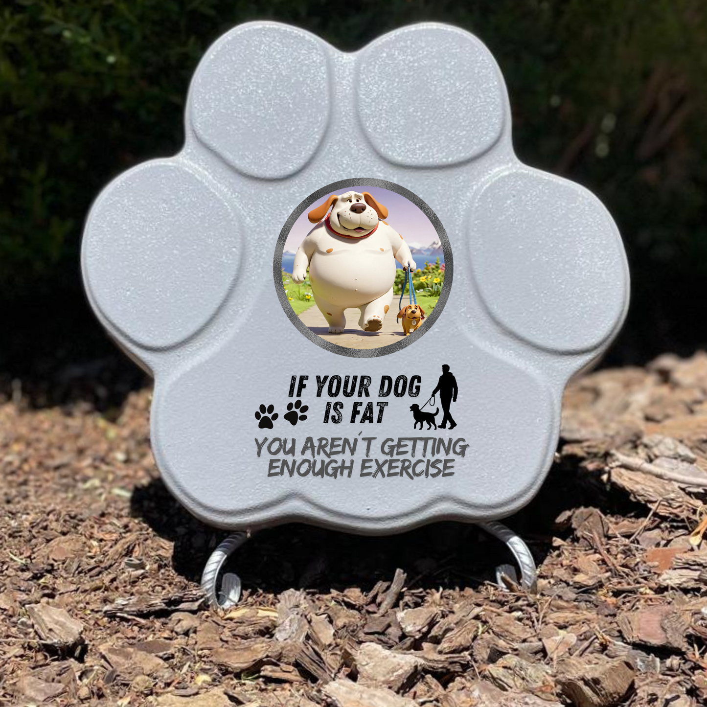 Placa divertida con frase en inglés, huella mediana, color gris, con soporte