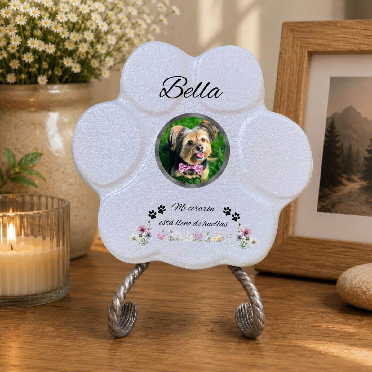 Placa conmemorativa para perro con foto personalizada y decoración floral para hogar en color gris