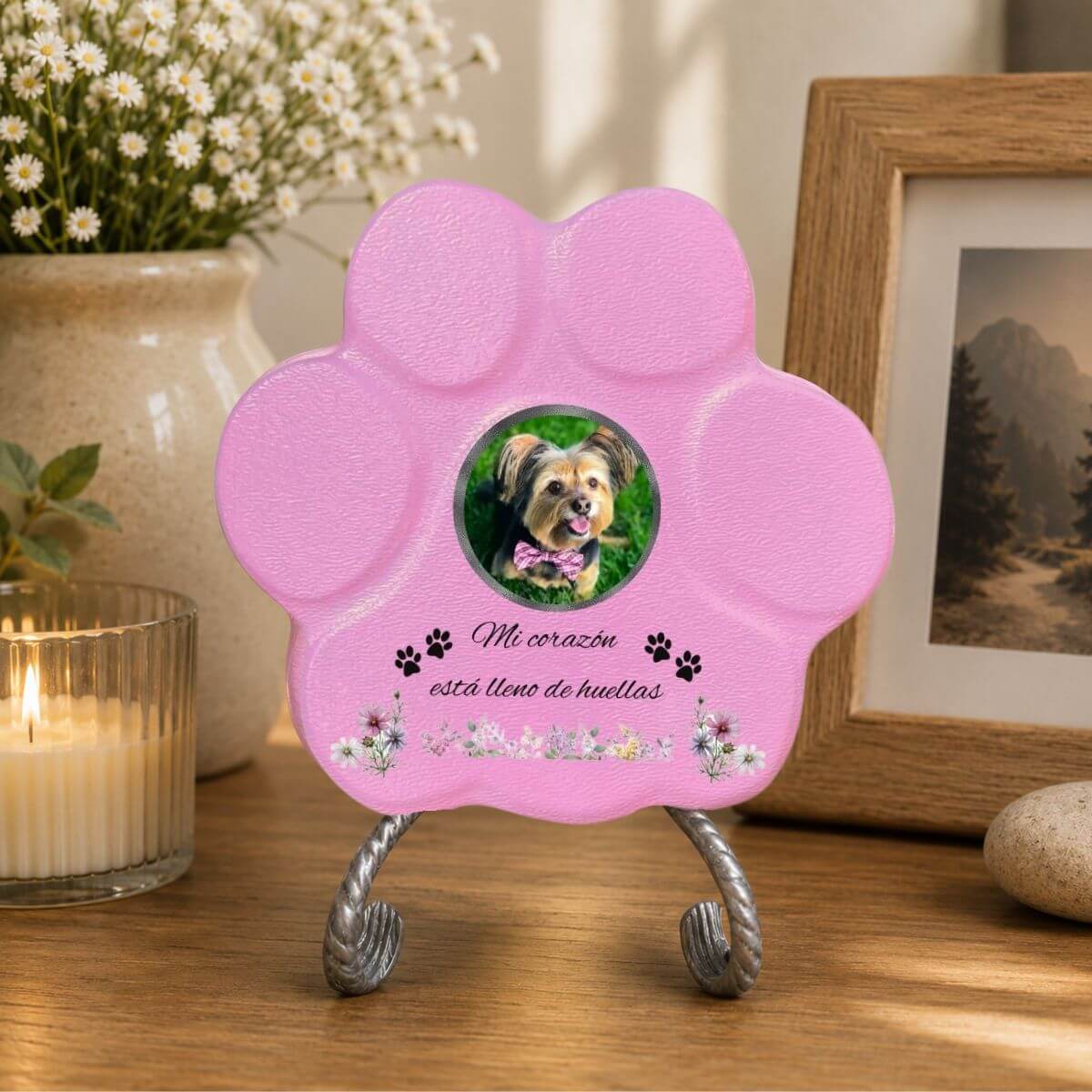 Placa conmemorativa para perro con foto personalizada y decoración floral para hogar en color rosa