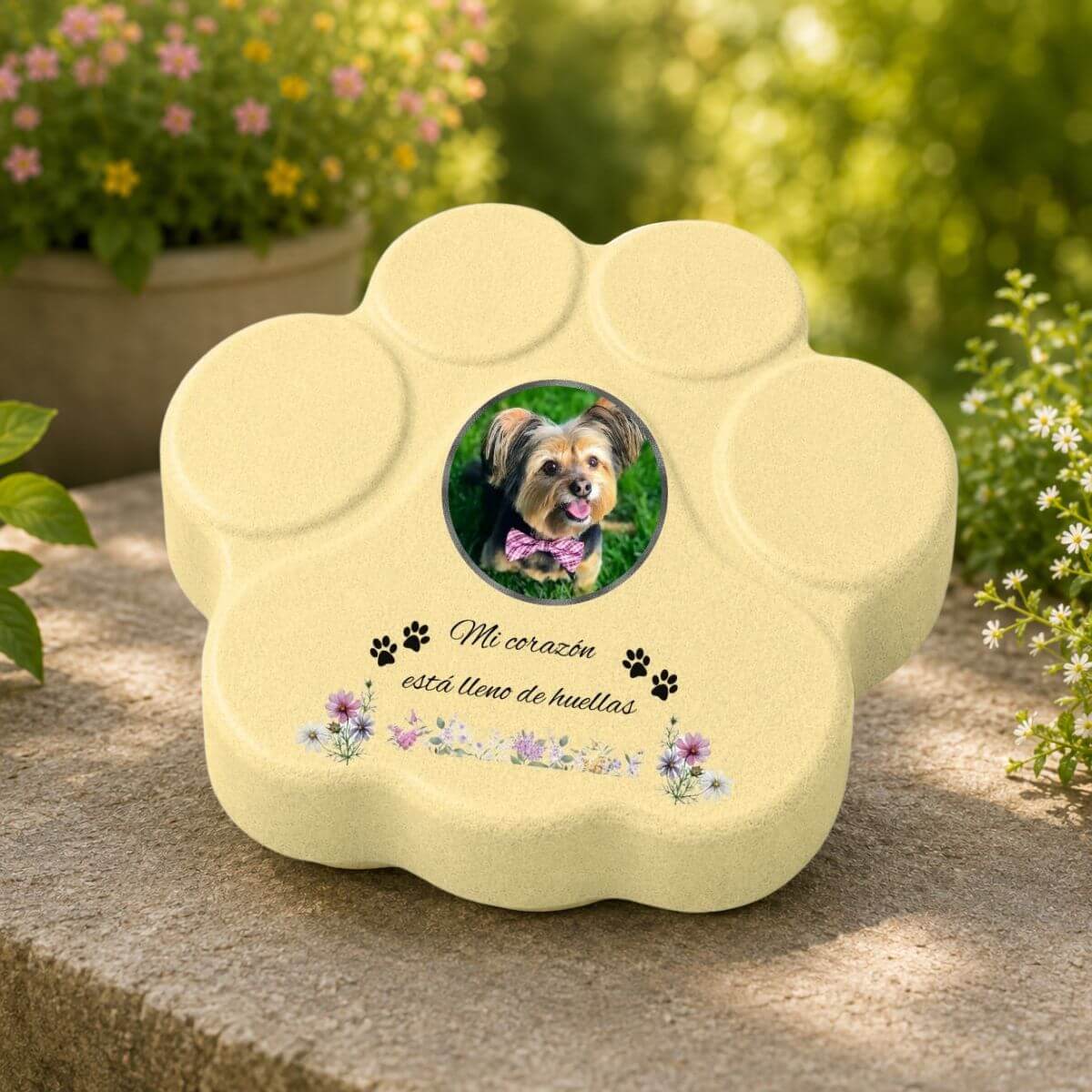 Lápida para jardín de perro personalizada con foto y flores en huella amarilla de hormigón