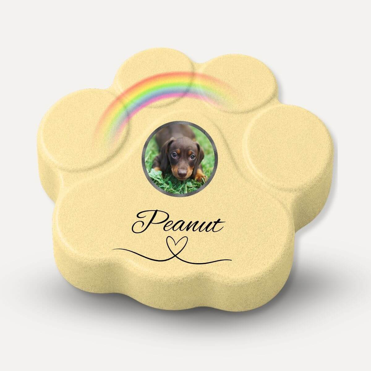 Placa conmemorativa para mascotas en forma de huella amarilla con foto personalizada y arcoíris, memorial artesanal para perros y gatos
