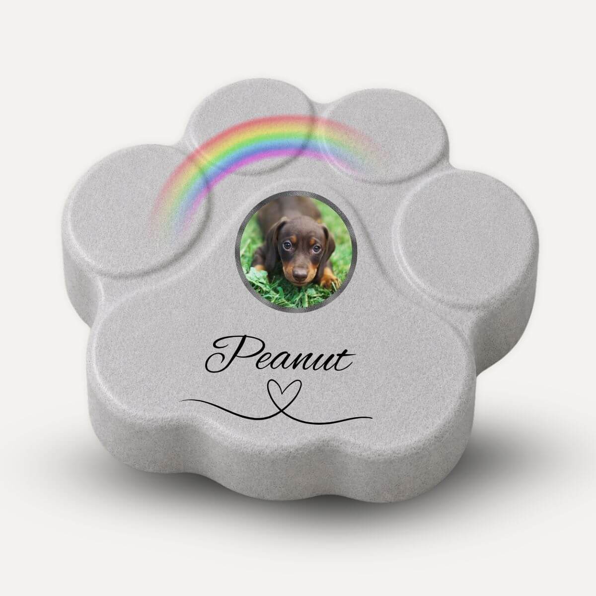 Placa conmemorativa para mascotas en forma de huella gris con foto personalizada y arcoíris, memorial artesanal para perros y gatos