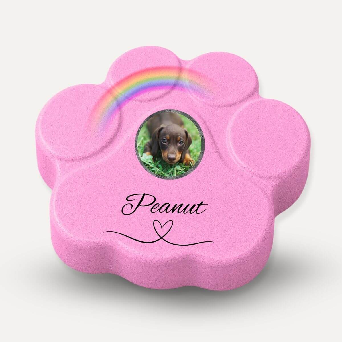 Placa conmemorativa para mascotas en forma de huella rosa con foto personalizada y arcoíris, memorial artesanal para perros y gatos