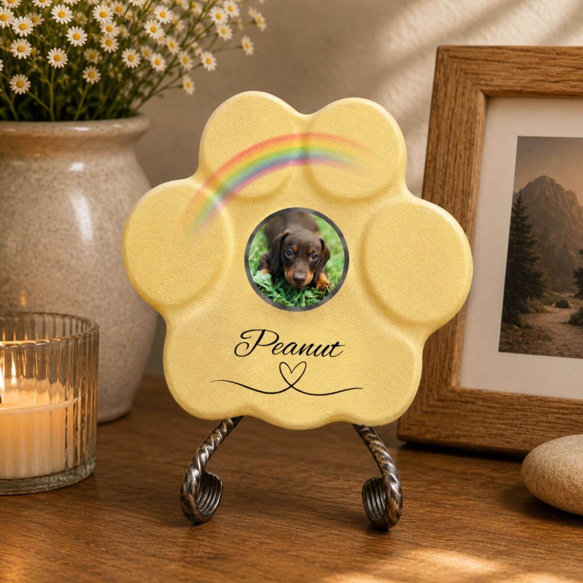 Placa memorial para perro con foto personalizada en forma de huella amarilla sobre soporte decorativo para el hogar