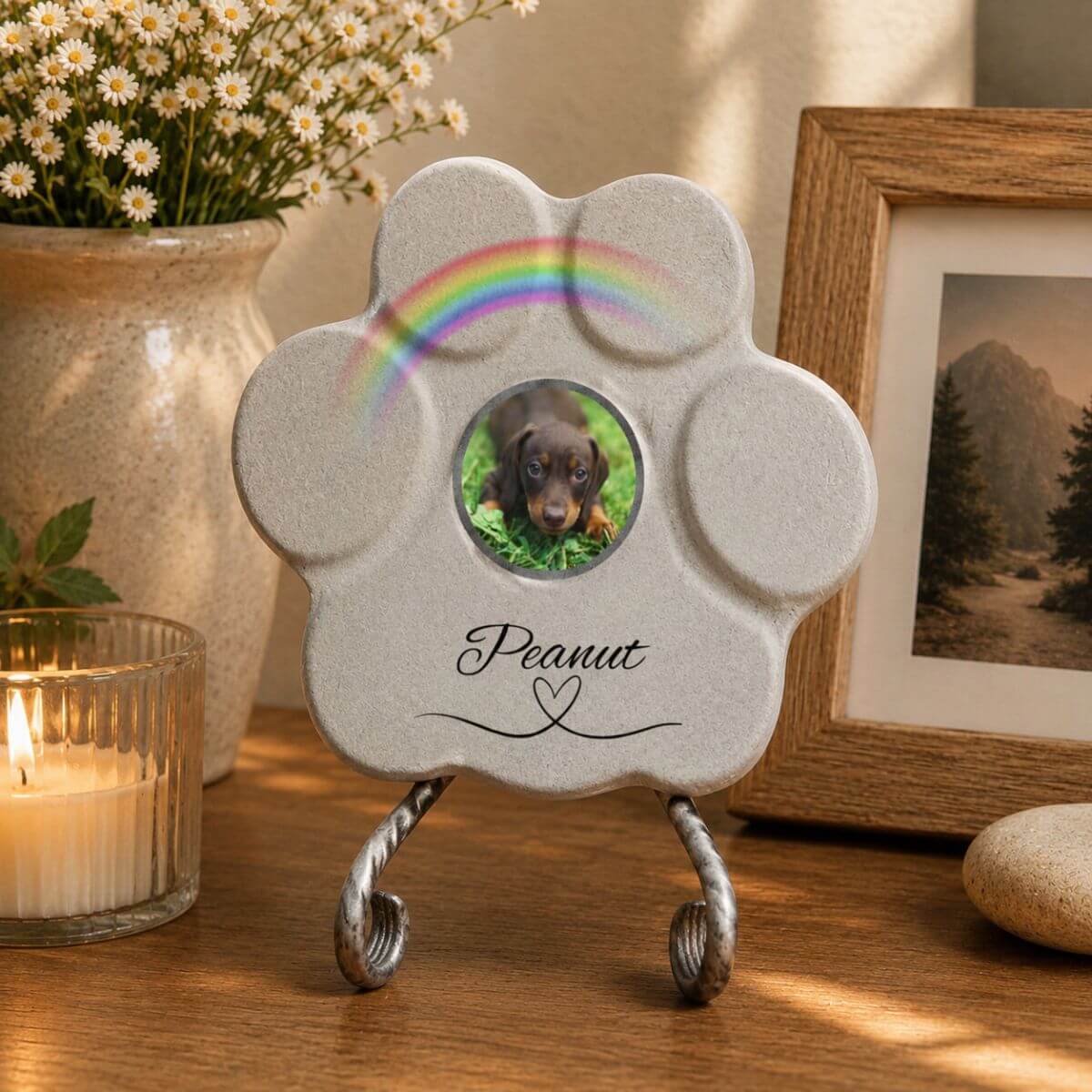 Placa memorial para perro con foto personalizada en forma de huella gris sobre soporte decorativo para el hogar