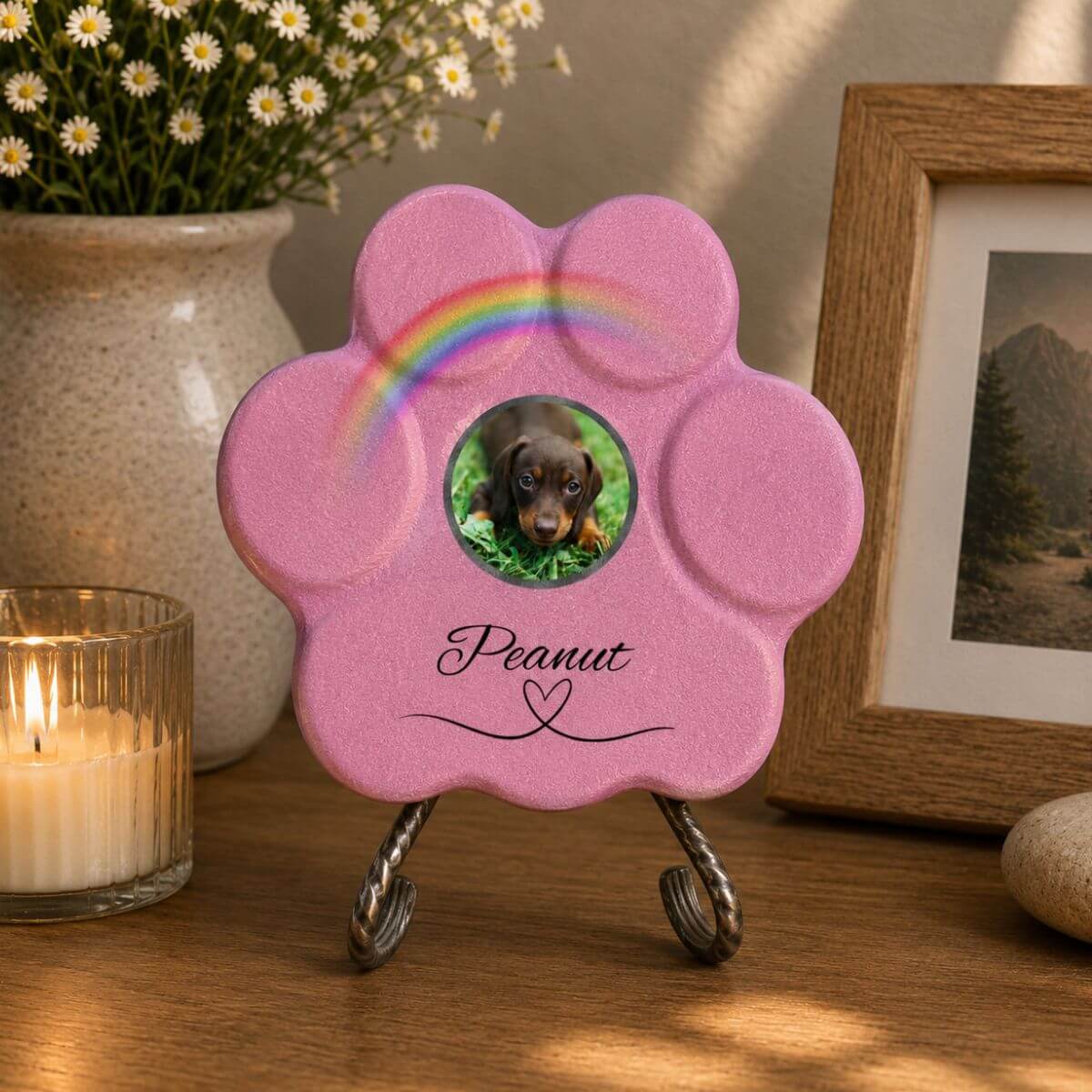 Placa memorial para perro con foto personalizada en forma de huella rosa sobre soporte decorativo para el hogar