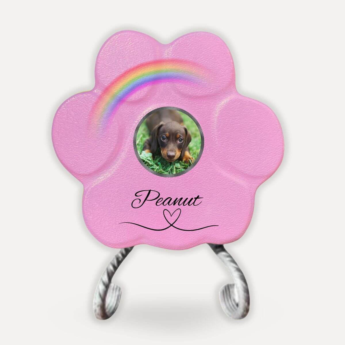 Placa memorial para perro con foto personalizada en forma de huella rosa sobre soporte decorativo con arcoíris