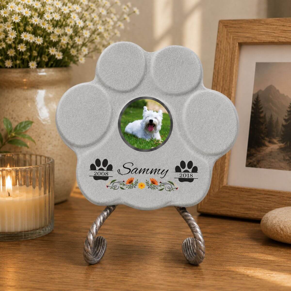 Placa conmemorativa para perro con soporte en color gris, memorial personalizado con foto y fechas para decoración interior del hogar