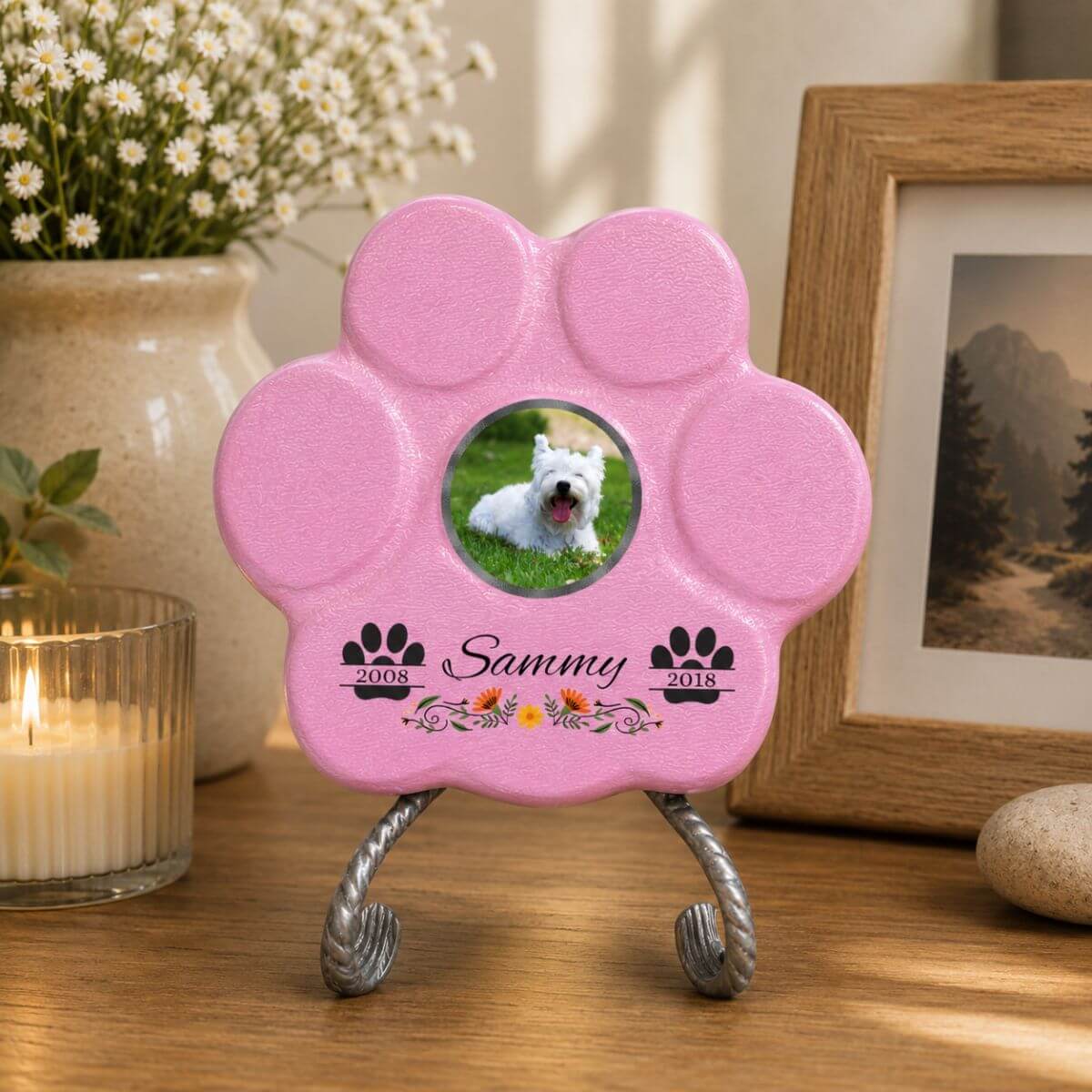 Placa conmemorativa para perro con soporte en color rosa, memorial personalizado con foto y fechas para decoración interior del hogar