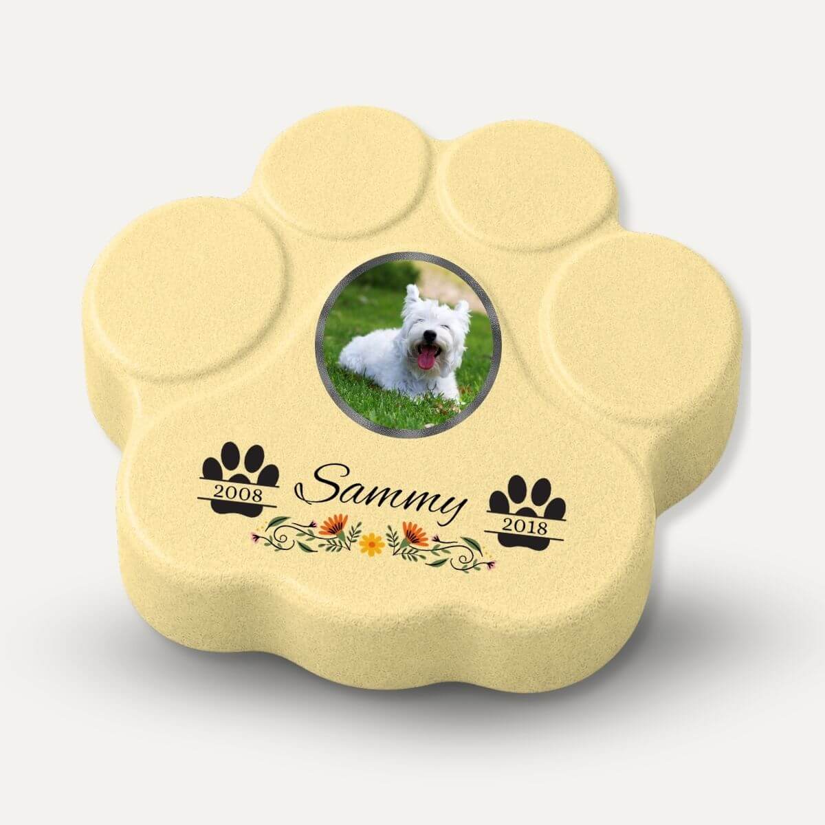 Placa memorial personalizada para mascotas en color amarilla con foto y fechas, recuerdo con flores para perros y gatos