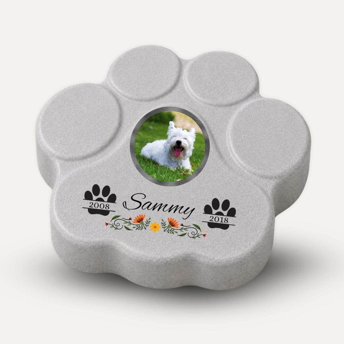 Placa memorial personalizada para mascotas en color gris con foto y fechas, recuerdo con flores para perros y gatos