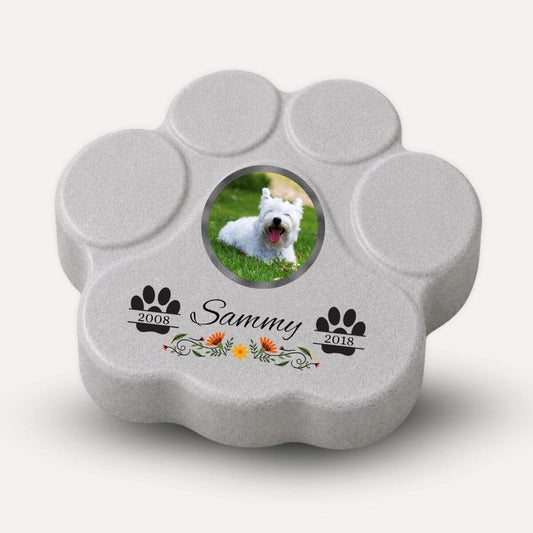 Placa memorial personalizada para mascotas en color gris con foto y fechas, recuerdo con flores para perros y gatos
