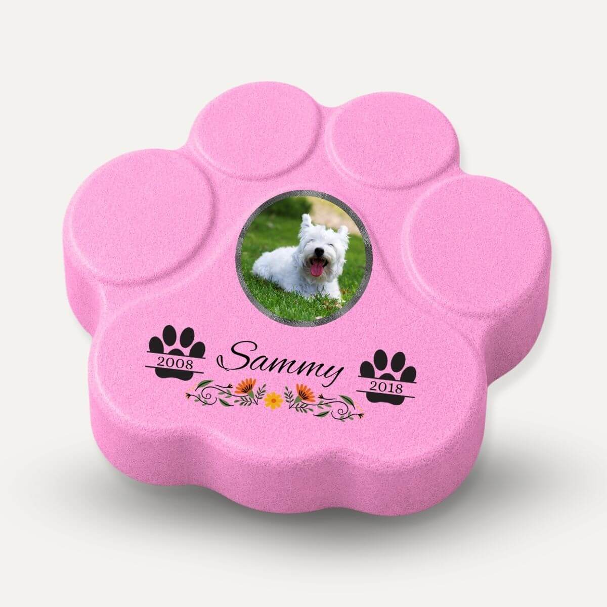 Placa memorial personalizada para mascotas en color rosa con foto y fechas, recuerdo con flores para perros y gatos