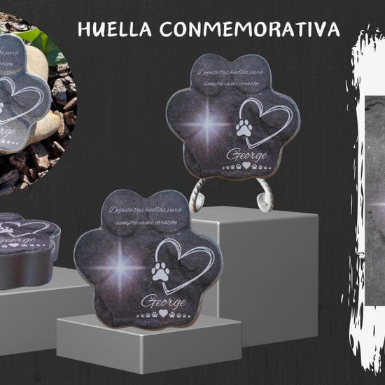 Video mostrando la placa conmemorativa personalizada para mascotas de ConcretePaws – huella de piedra con nombre y estrella, ideal para interior o jardín, tamaño real y grosor