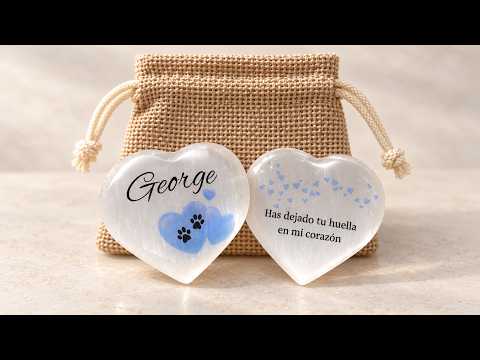 Corazón de selenita personalizado para recuerdo de mascota mostrando el nombre, las huellas y el mensaje posterior