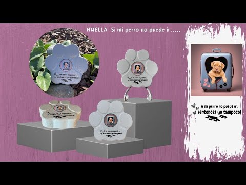 Video que muestra el tamaño real de la huella de piedra personalizada para mascotas, colocada en el jardín y sobre soporte en el hogar. Regalo versátil con la frase 'Si mi perro no puede ir, ¡entonces yo tampoco!', ideal para decoración interior y exterior de amantes de los perros.