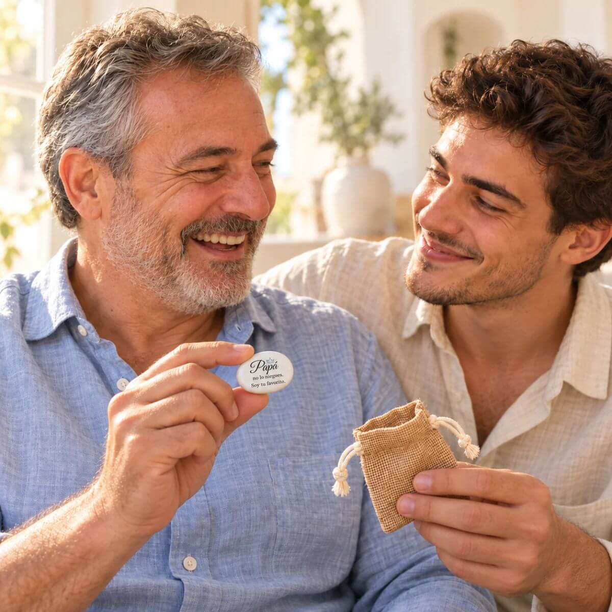 Padre sonriendo al recibir de su hijo una piedra personalizada con el mensaje «Papá, no lo niegues. Soy tu favorito», presentada en una bolsita de yute.