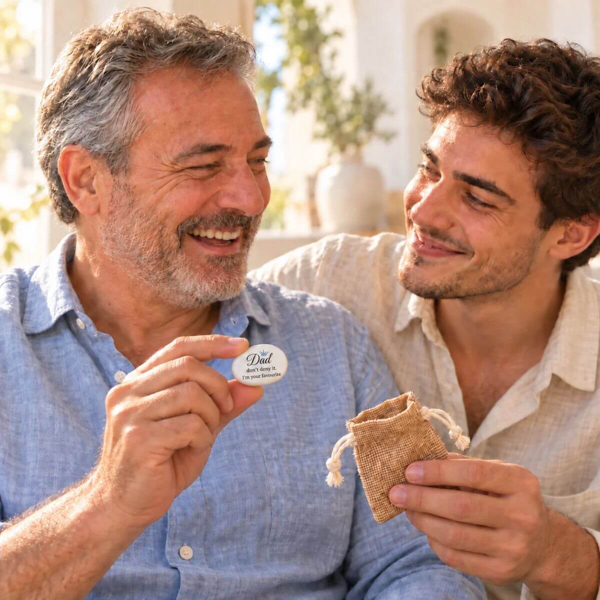Padre sonriendo junto a su hijo mientras sostiene una piedra personalizada en inglés con «Dad, don’t deny it. I’m your favourite» y una corona gris azulada.